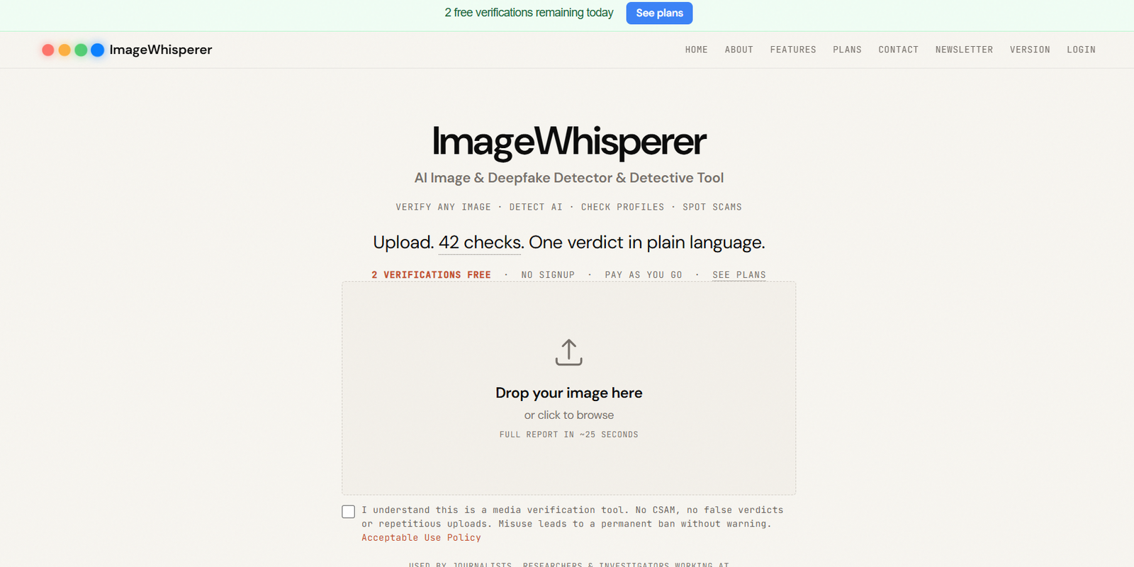13 - Header area of ImageWhisperer site with logo, navigation, and a large hero title plus an upload drag-and-drop panel.