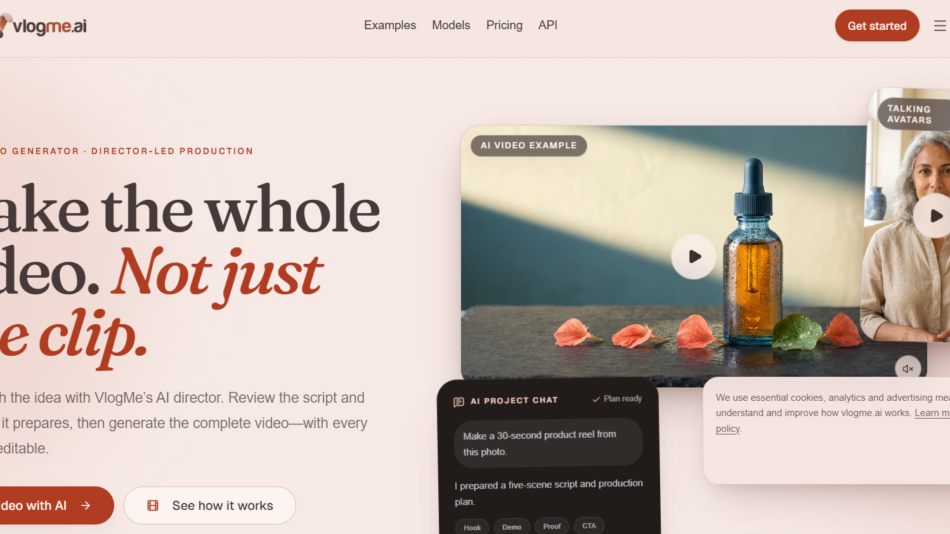 14 - Hero section for VlogMe.ai: peach-toned background with the large headline “Make the whole video. Not just one clip.” and supporting descriptive text on the left; overlapping demo video panels and a bottle image on the right. Elements of the nav bar and a red “Get started” button are visible at top.