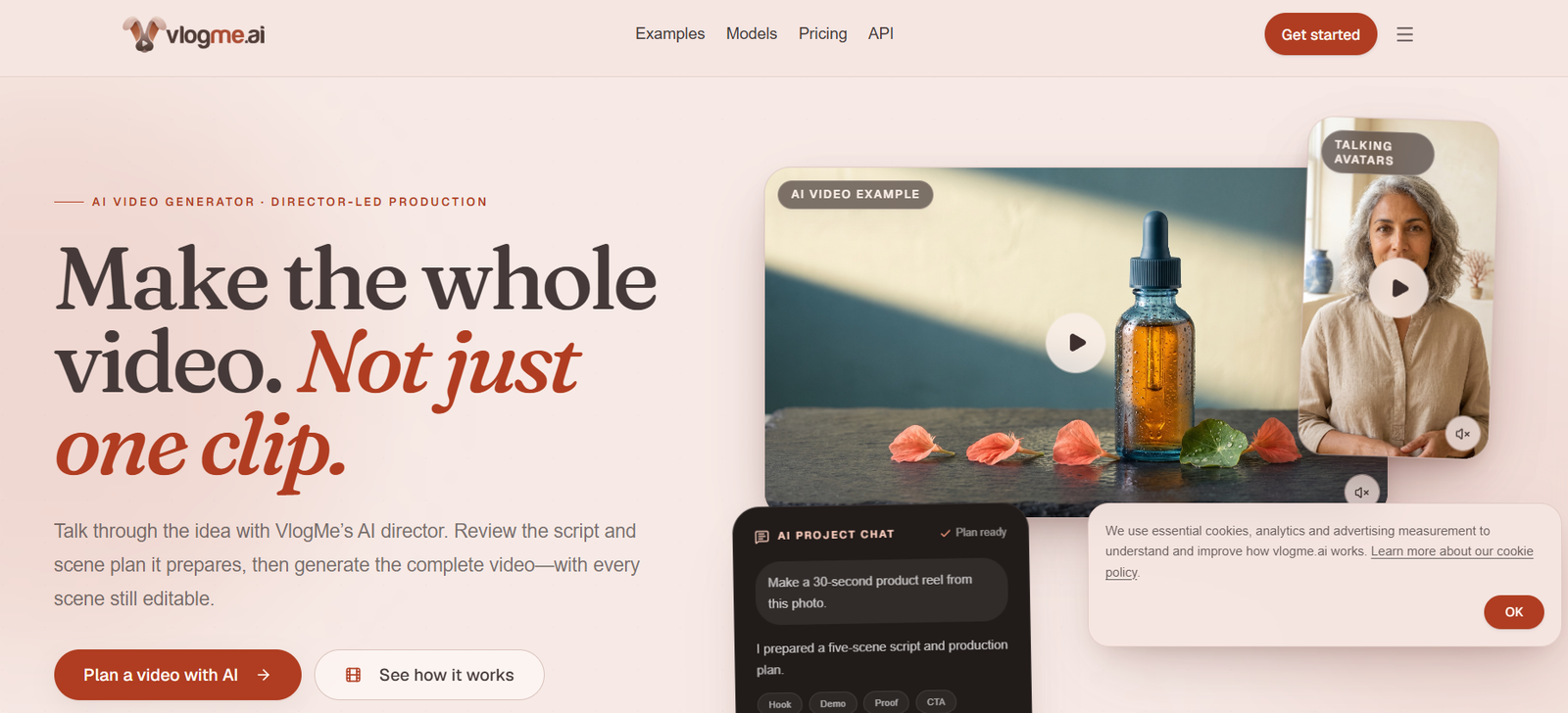 14 - Hero section for VlogMe.ai: peach-toned background with the large headline “Make the whole video. Not just one clip.” and supporting descriptive text on the left; overlapping demo video panels and a bottle image on the right. Elements of the nav bar and a red “Get started” button are visible at top.