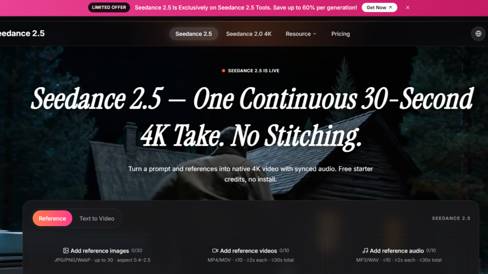 Hero section promoting Seedance 2.5 with a large white serif headline on a dark forest background; subheading notes turning prompts into native 4K video with synced audio.