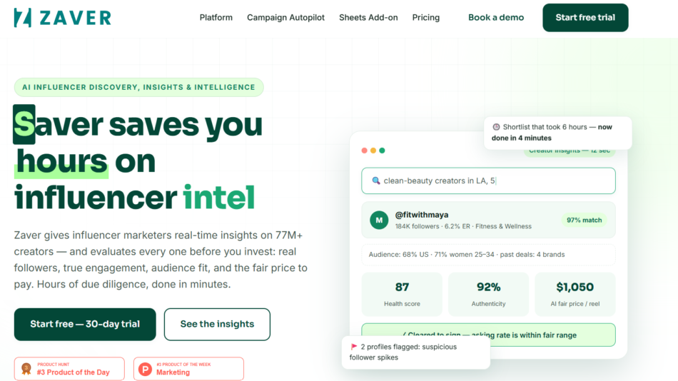 Hero section of ZAVER homepage with bold headline 'Saver saves you hours on influencer intel' and two CTAs: 'Start free trial' and 'See the insights'. Navigation bar above on a light grid/background.
