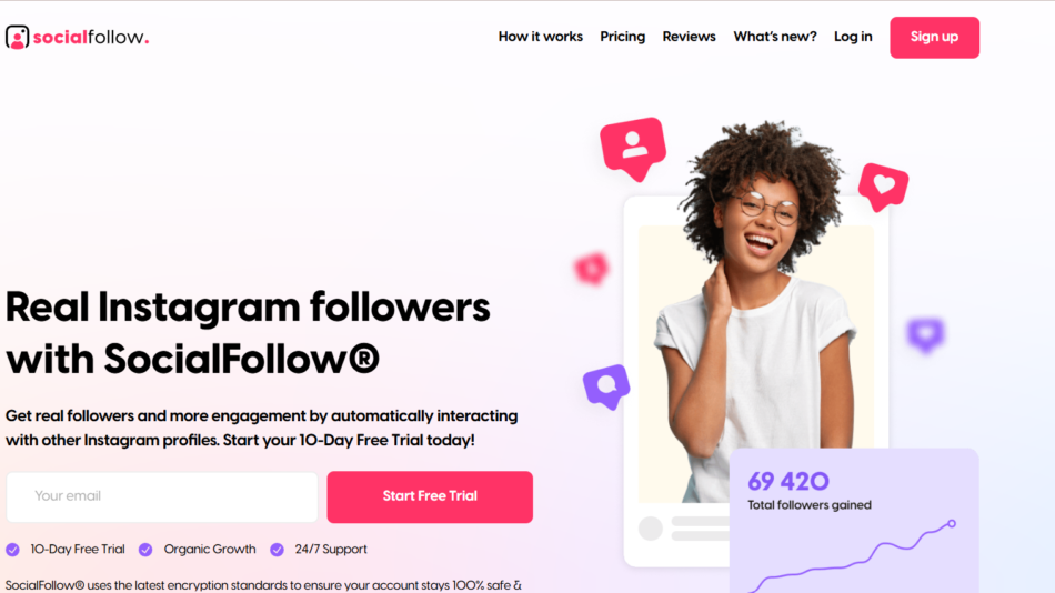 Hero banner for SocialFollow: smiling woman inside a smartphone frame with floating social icons around, headline about real Instagram followers.