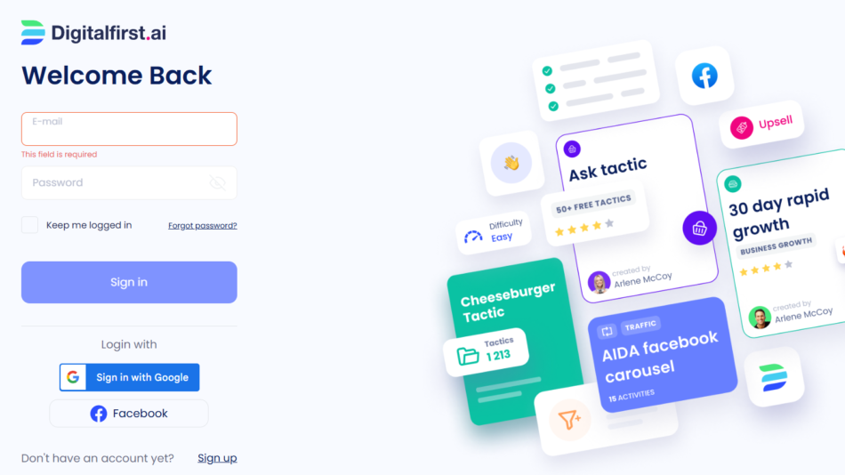 Login page for Digitalfirst.ai with email and password fields and a blue Sign in button; colorful marketing cards on the right.