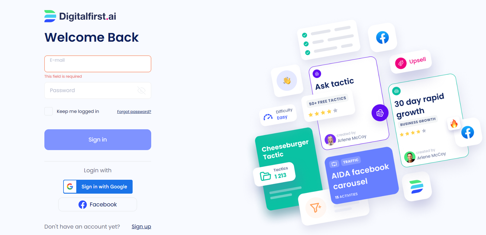 14 - Login page for Digitalfirst.ai with email and password fields and a blue Sign in button; colorful marketing cards on the right.