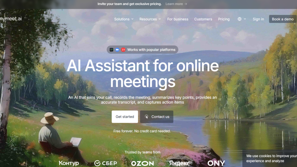 Hero banner with a person using a laptop in a park by a lake; overlay text reads 'AI Assistant for online meetings'