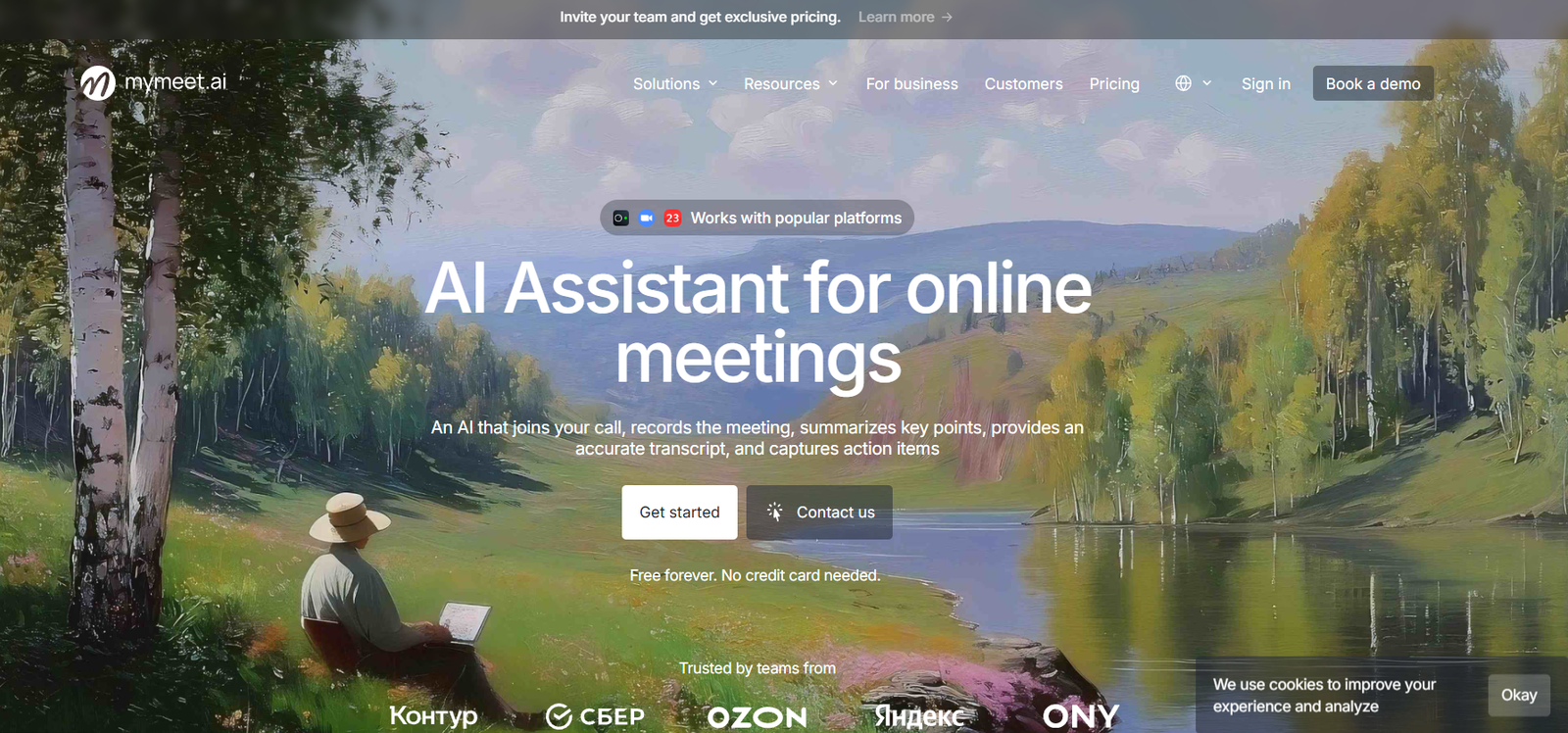 14 - Hero banner with a person using a laptop in a park by a lake; overlay text reads 'AI Assistant for online meetings'