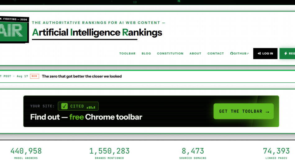 Screenshot of AIR Artificial Intelligence Rankings home page showing the logo, title, green navigation, and a large promo banner.