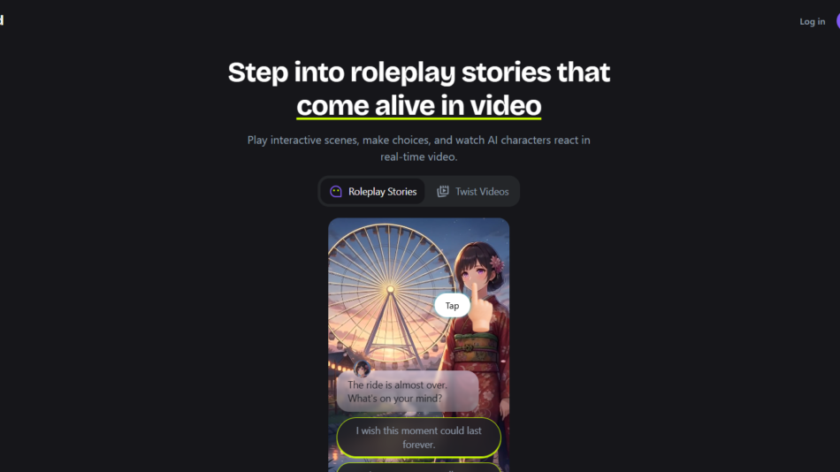 14 - Hero section for PopVid inviting users to watch interactive roleplay stories, on a dark page with a sample anime card.”,