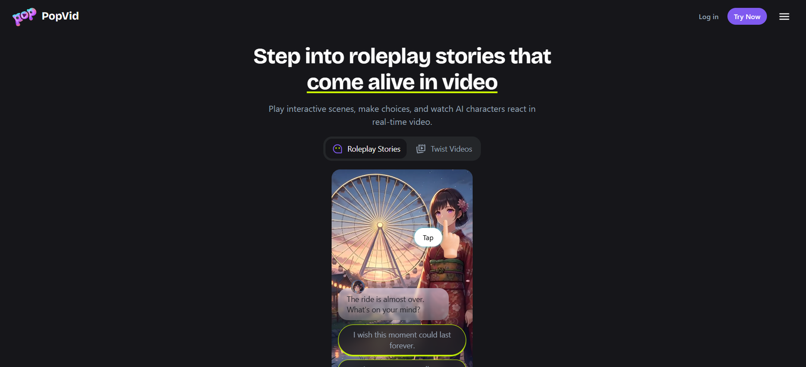 14 - Hero section for PopVid inviting users to watch interactive roleplay stories, on a dark page with a sample anime card.”,