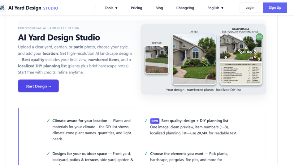 15 - AI Yard Design Studio hero: left text with CTA; right collage shows before/after yard designs and a planning sheet