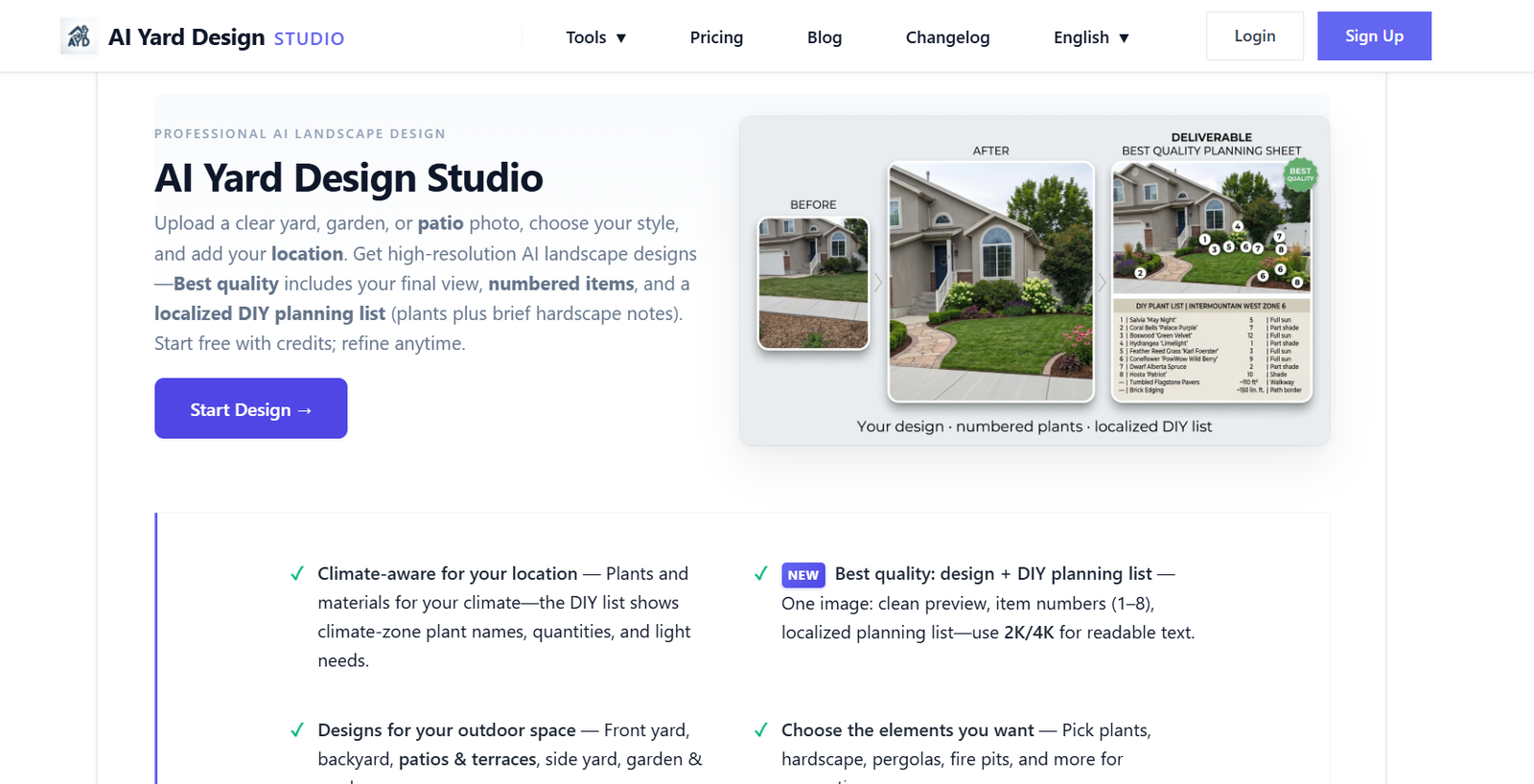 15 - AI Yard Design Studio hero: left text with CTA; right collage shows before/after yard designs and a planning sheet
