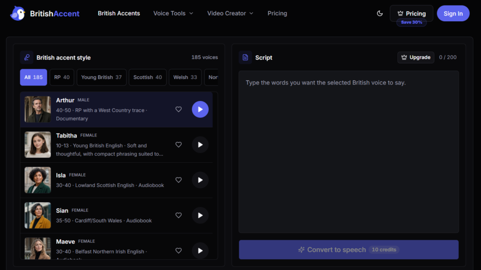 15 - Dark UI showing BritishAccent voice library with avatars and a multi-voice list (Arthur, Tabitha, Isla, Sian, Maeve) on the left; a script editor on the right.
