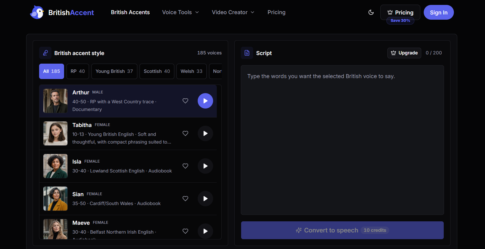 15 - Dark UI showing BritishAccent voice library with avatars and a multi-voice list (Arthur, Tabitha, Isla, Sian, Maeve) on the left; a script editor on the right.
