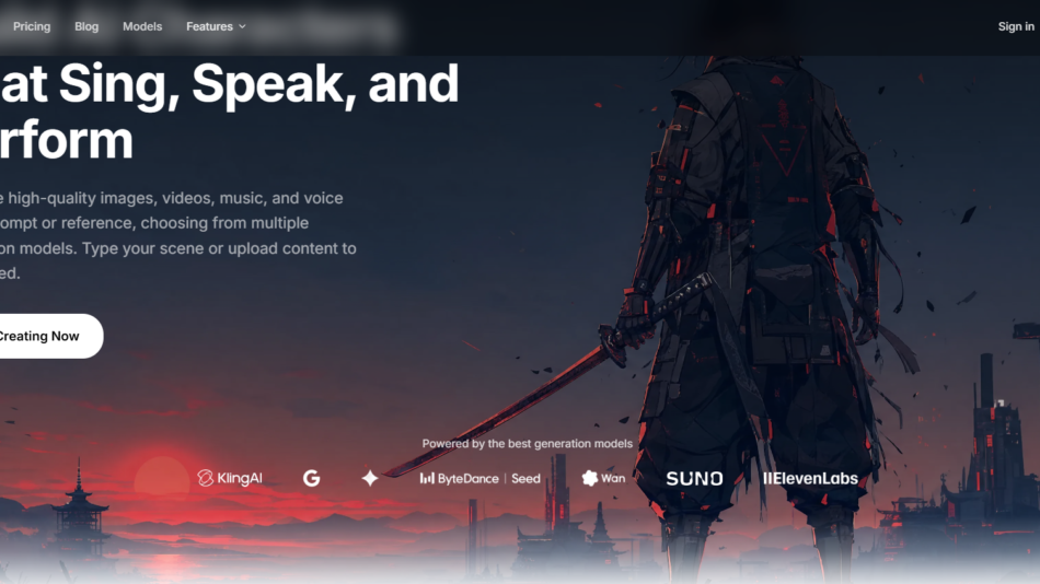 Hero banner for an AI creation site: bold white headline on left, armored figure with a sword against a futuristic dusk cityscape on the right.