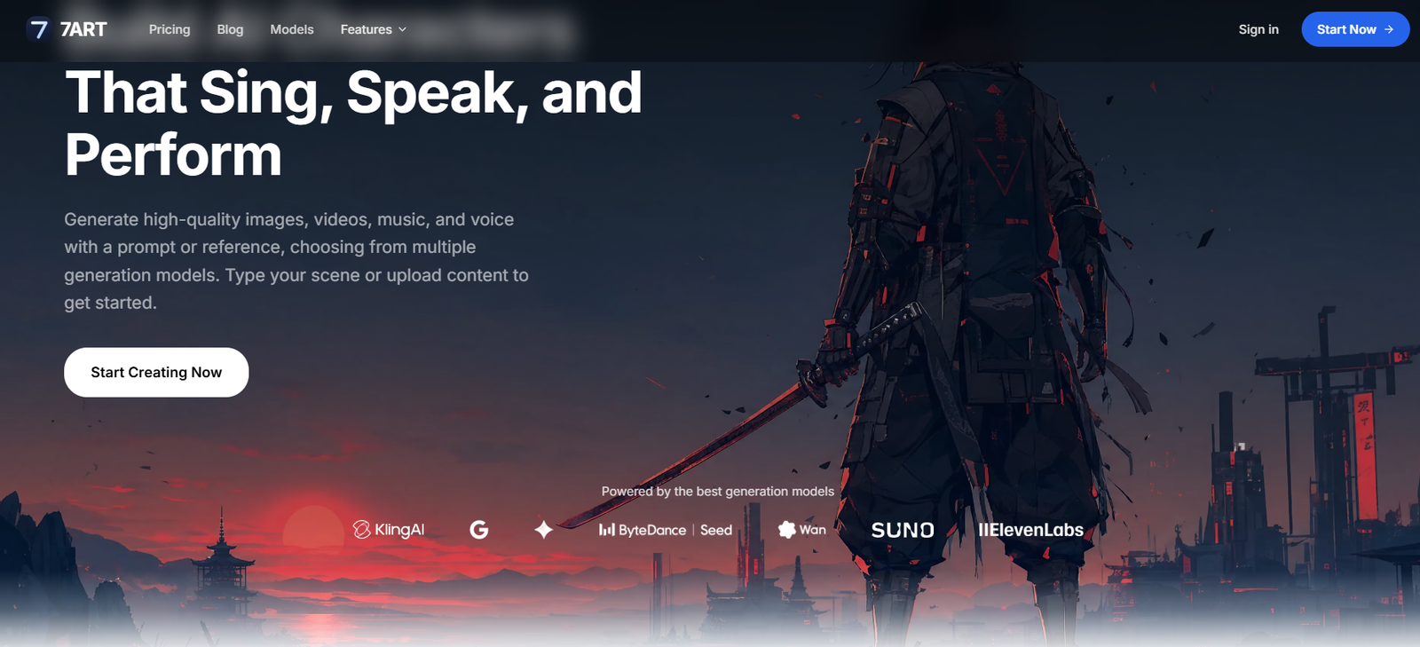 Hero banner for an AI creation site: bold white headline on left, armored figure with a sword against a futuristic dusk cityscape on the right.
