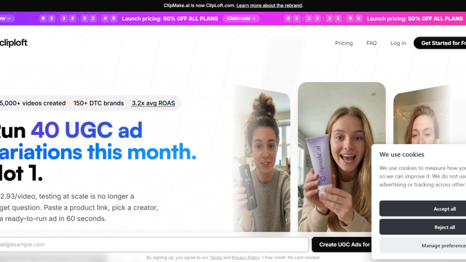 Hero banner for Cliploft showing three women holding haircare products with the headline 'Run 40 UGC ad variations this month. Not 1.'