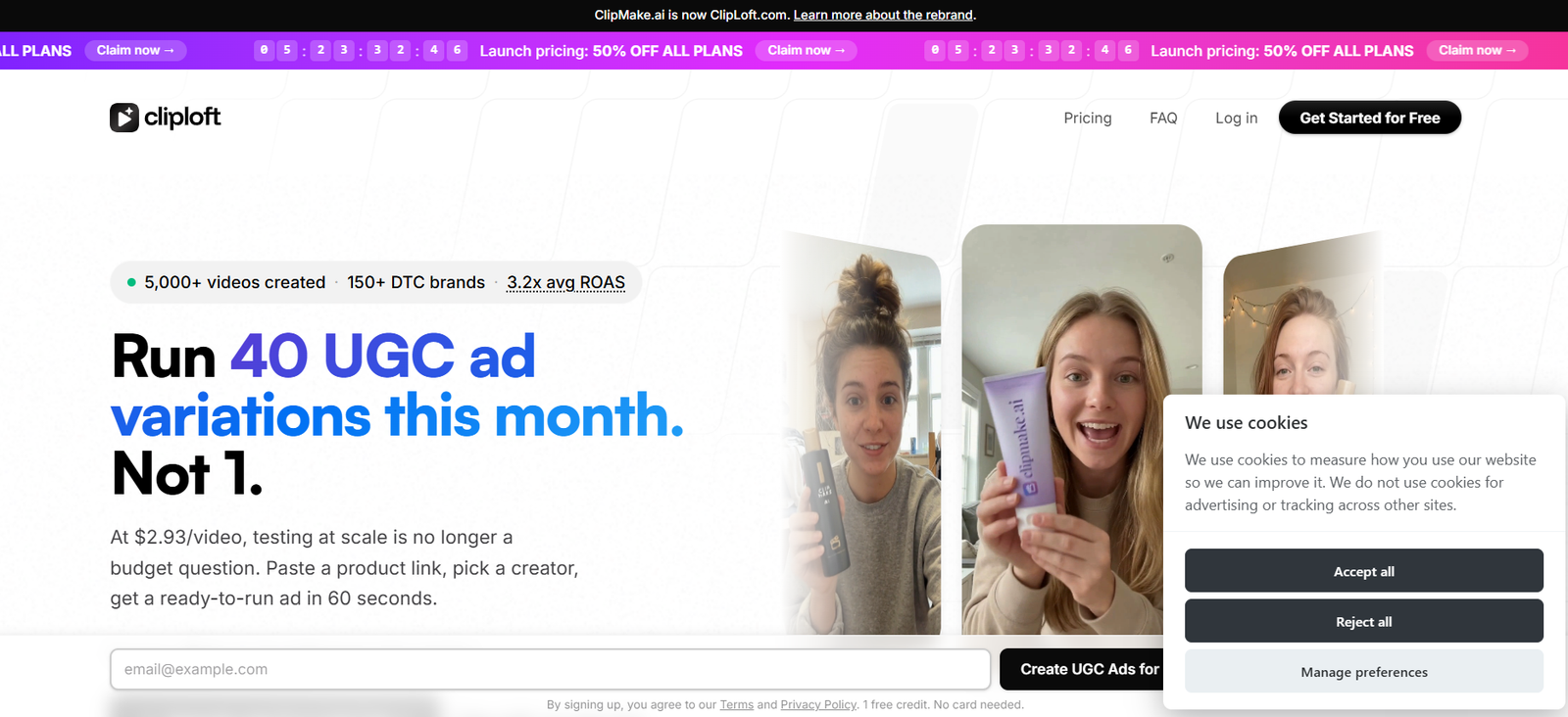 15 - Hero banner for Cliploft showing three women holding haircare products with the headline 'Run 40 UGC ad variations this month. Not 1.'