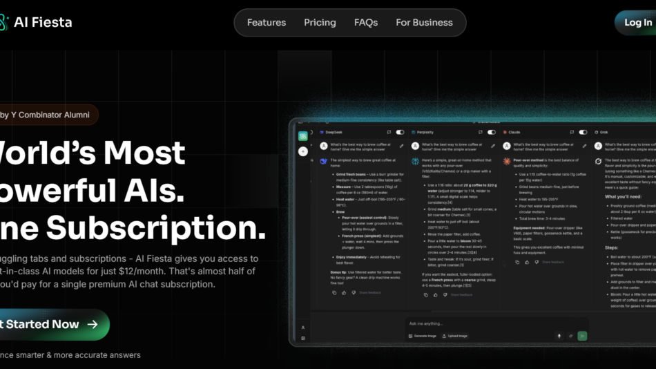Hero section with bold headline 'World’s Most Powerful AIs. One Subscription.' on a dark grid background and a laptop mockup on the right, promoting AI Fiesta.