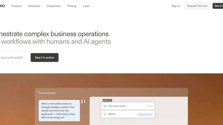 MOXO hero: headline 'Orchestrate complex business operations' with subheadline 'Run workflows with humans and AI agents' and a signup form with an email field and 'See it in action' button.