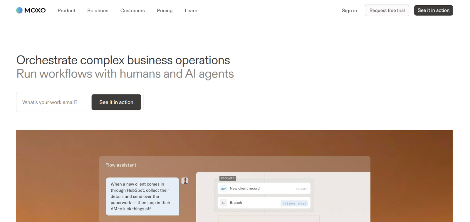 15 - MOXO hero: headline 'Orchestrate complex business operations' with subheadline 'Run workflows with humans and AI agents' and a signup form with an email field and 'See it in action' button.