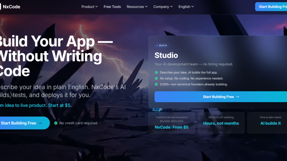 15 - Hero section for NxCode: bold white text 'Build Your App Without Writing Code' over a dark, stormy landscape with a translucent blue Studio card on the right.