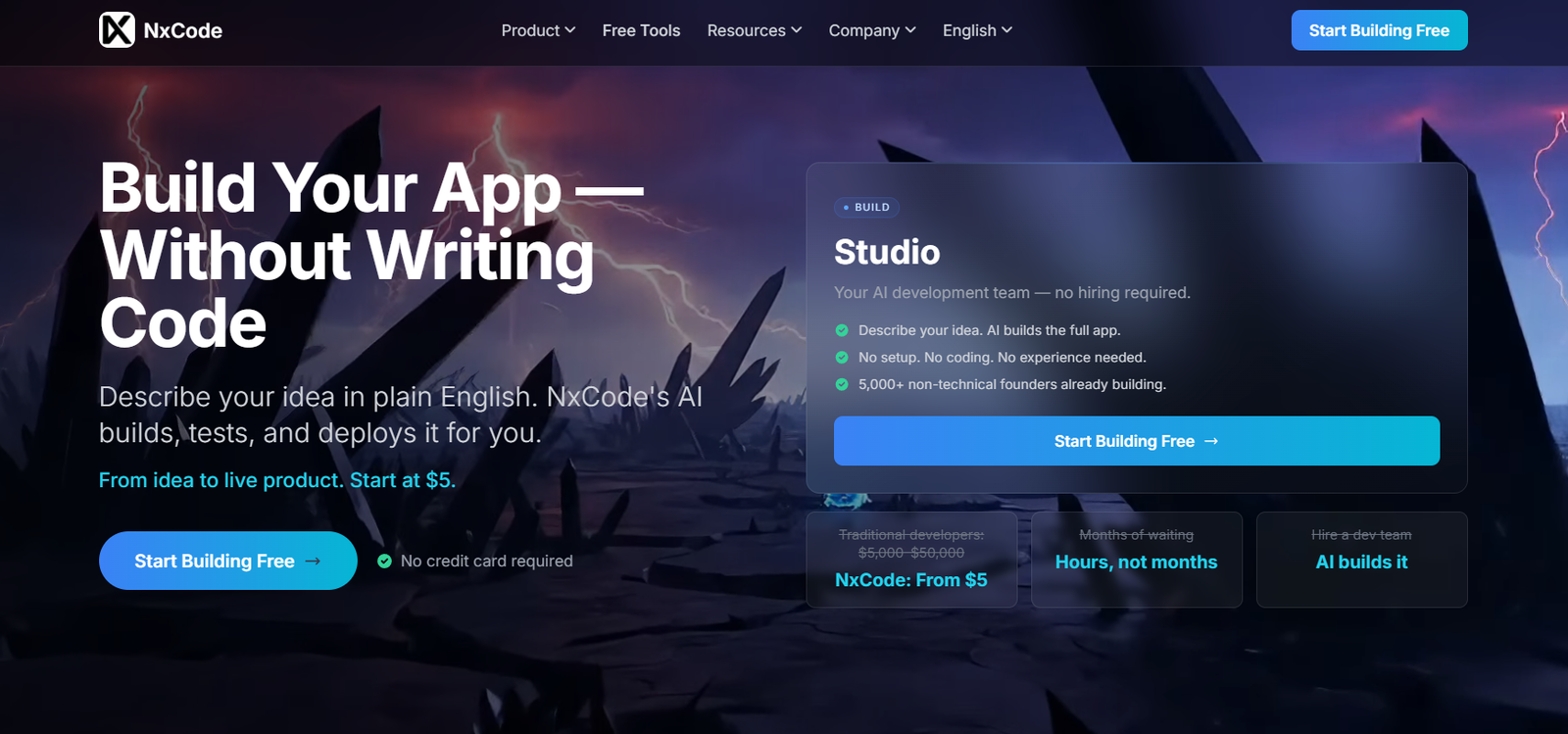 15 - Hero section for NxCode: bold white text 'Build Your App Without Writing Code' over a dark, stormy landscape with a translucent blue Studio card on the right.