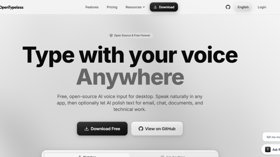 Hero banner with large black text 'Type with your voice Anywhere' and a gray subtitle about free open-source AI voice input, plus black 'Download Free' and white 'View on GitHub' buttons in the center.