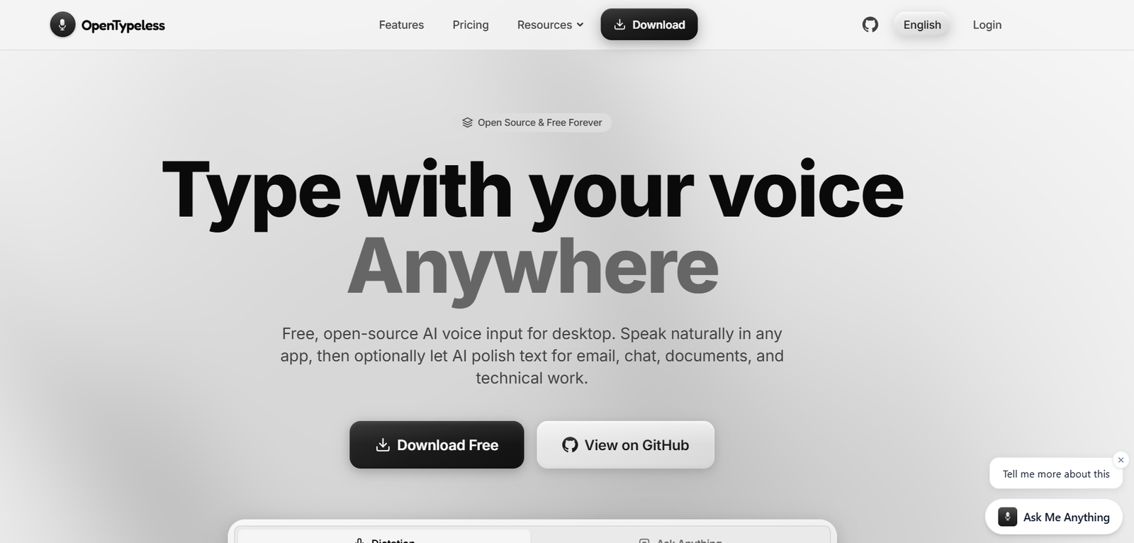 16 - Hero banner with large black text 'Type with your voice Anywhere' and a gray subtitle about free open-source AI voice input, plus black 'Download Free' and white 'View on GitHub' buttons in the center.
