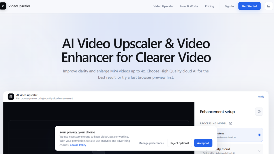 Hero banner from VideoUpscaler homepage: large heading 'AI Video Upscaler & Video Enhancer for Clearer Video' with a brief subheading, top navigation bar, and a cookie-consent banner over a dark video preview.