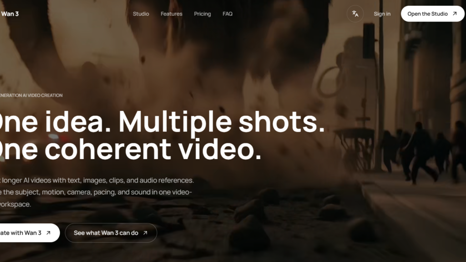 Hero banner with a smoky city scene and large white text: 'One idea. Multiple shots. One coherent video.' for Wan 3 Studio (marketing hero).