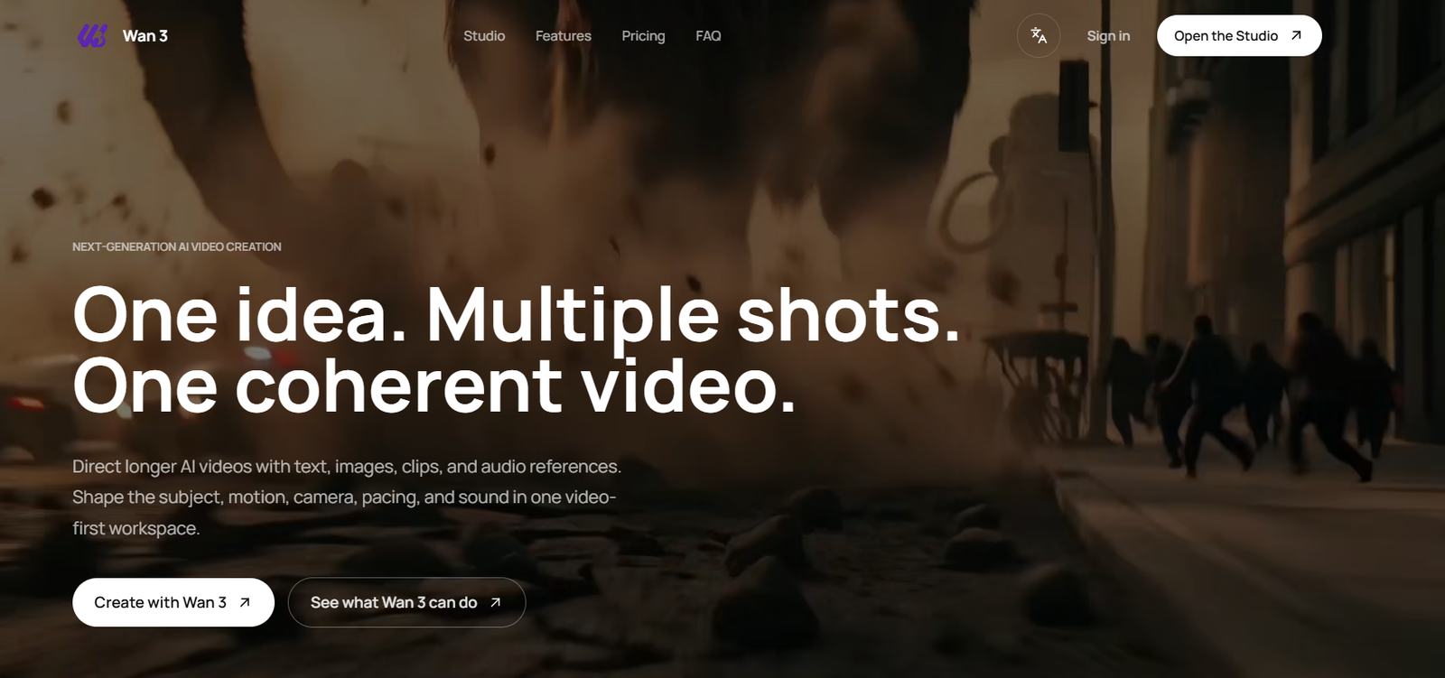 16 - Hero banner with a smoky city scene and large white text: 'One idea. Multiple shots. One coherent video.' for Wan 3 Studio (marketing hero).