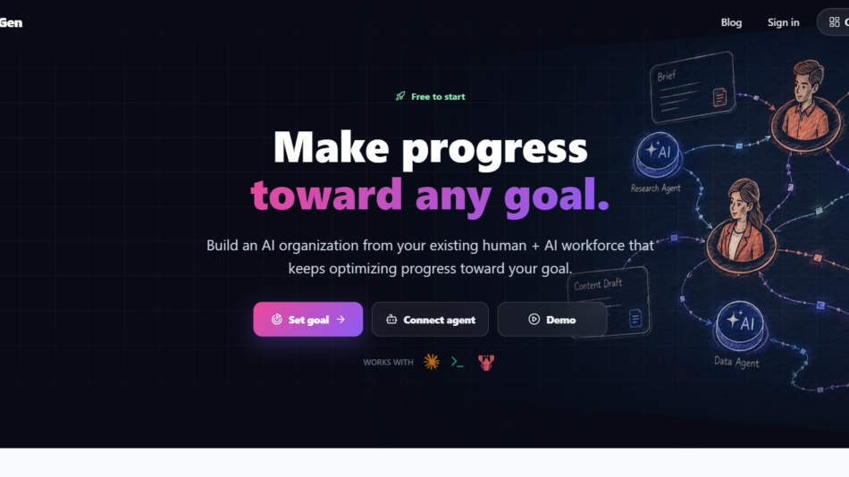 Hero header for SimpleGen: dark grid background with AI workflow illustration on the right and the headline “Make progress toward any goal.” with subtitle text and three CTA buttons: Set goal, Connect agent, Demo.