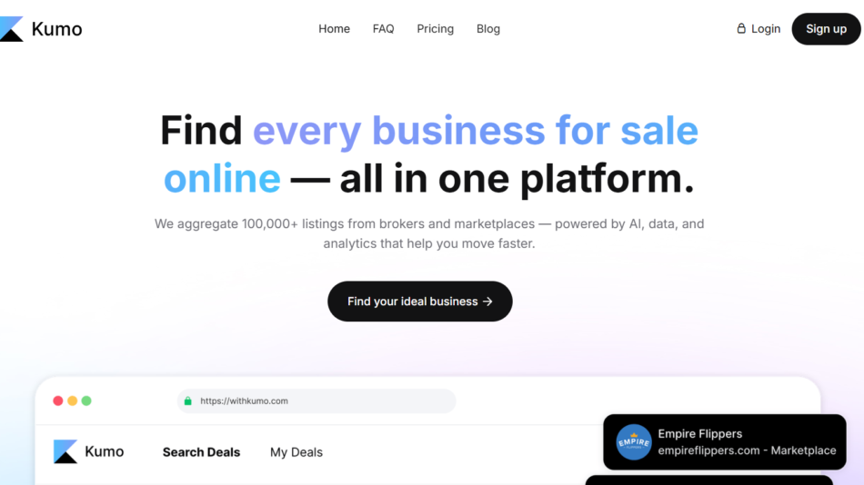 Hero section for Kumo: tagline 'Find every business for sale online — all in one platform' with subtext and a 'Find your ideal business' button.