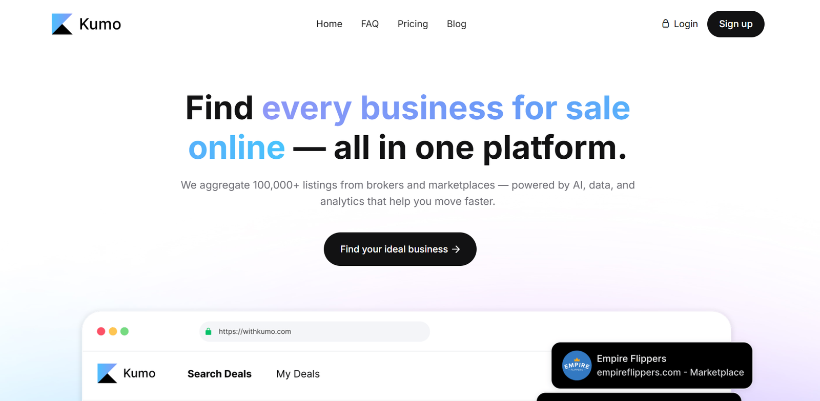 16 - Kumo header with logo and navigation, then hero text: 'Find every business for sale online — all in one platform' with blue emphasis and a black rounded CTA 'Find your ideal business'.