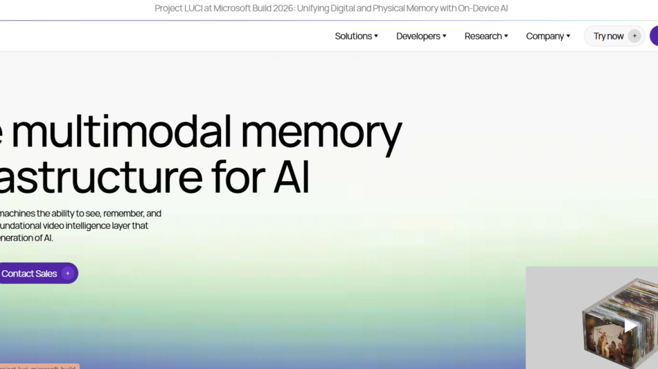 Hero banner for memories.ai: large headline 'The multimodal memory infrastructure for AI' with a short description on a gradient background; bottom-right shows a 3D stack of photo/video thumbnails.