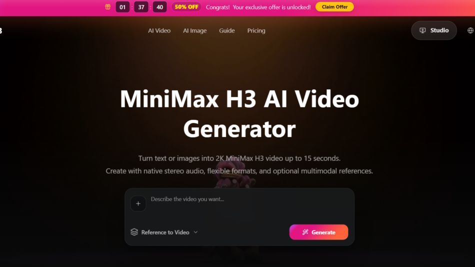 Dark hero banner with large 'MiniMax H3 AI Video Generator' title and subtitles; top navigation and a rounded panel with plus icon and Generate button.