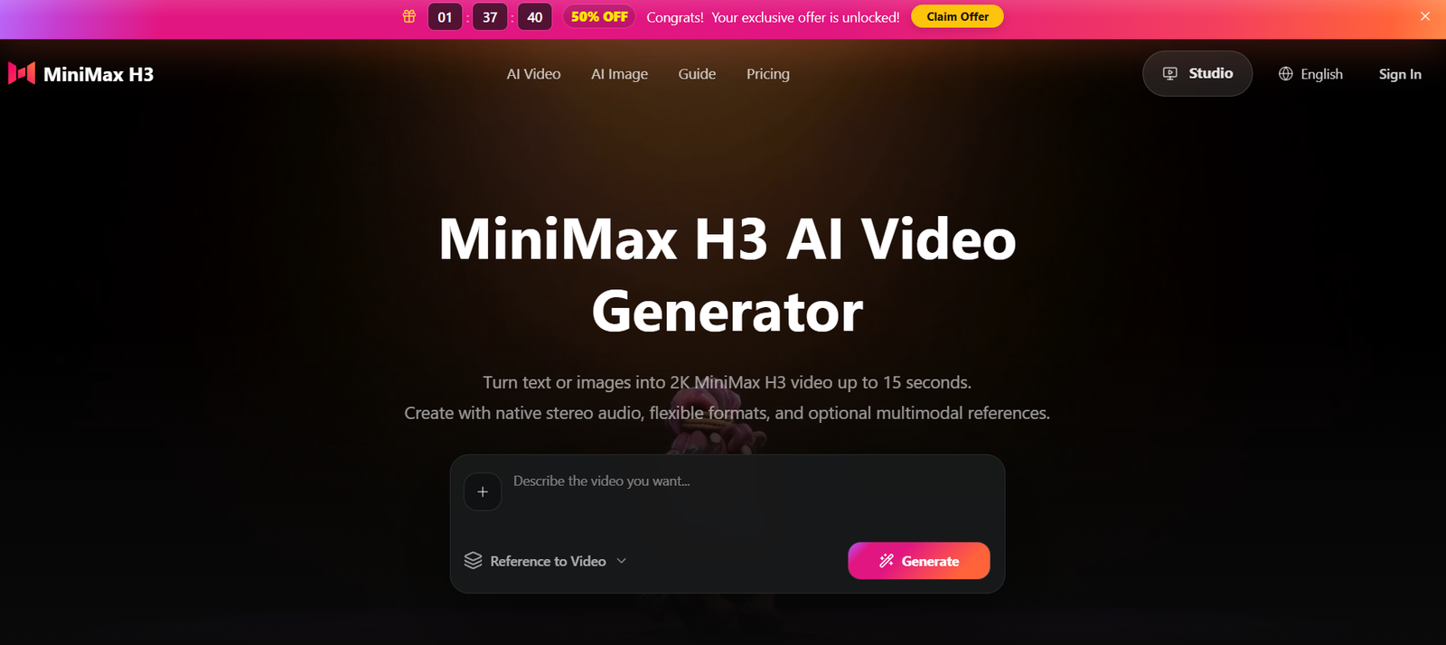 17 - Dark hero banner with large 'MiniMax H3 AI Video Generator' title and subtitles; top navigation and a rounded panel with plus icon and Generate button.