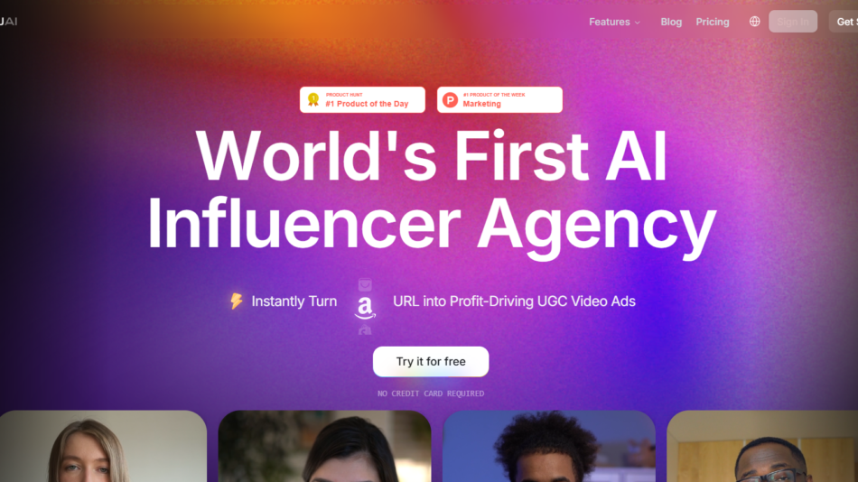 Hero banner for MukU AI with a vibrant gradient background and the bold headline "World's First AI Influencer Agency" plus a centered white rounded CTA that reads "Try it for free".