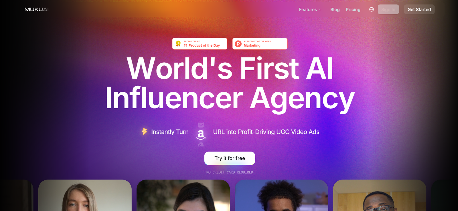 Hero banner for MukU AI with a vibrant gradient background and the bold headline "World's First AI Influencer Agency" plus a centered white rounded CTA that reads "Try it for free".