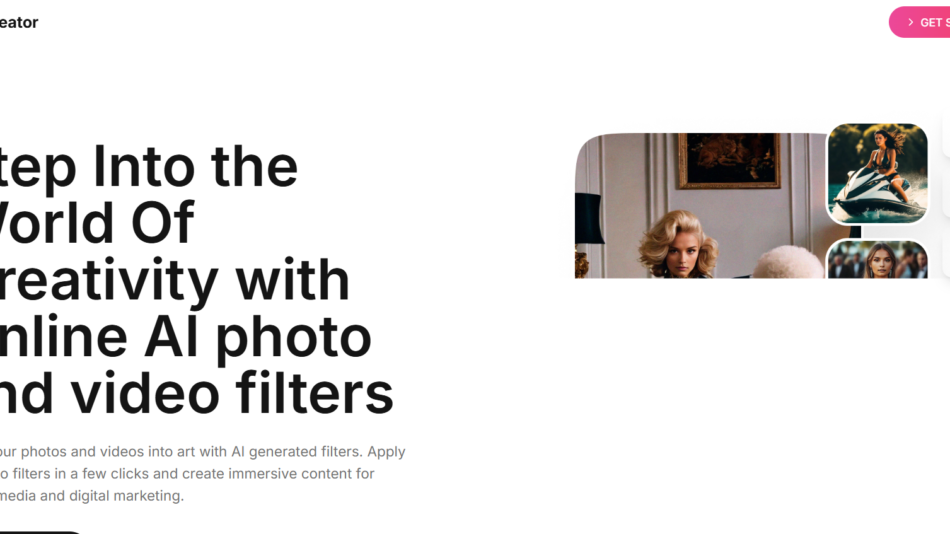 Hero section showing a bold headline about AI photo and video filters with a collage of rounded-image thumbnails on the right.