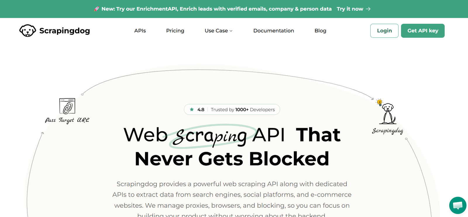 17 - Scrapingdog homepage hero: curved diagram framing the headline 'Web Scraping API That Never Gets Blocked' with mascots on each side.