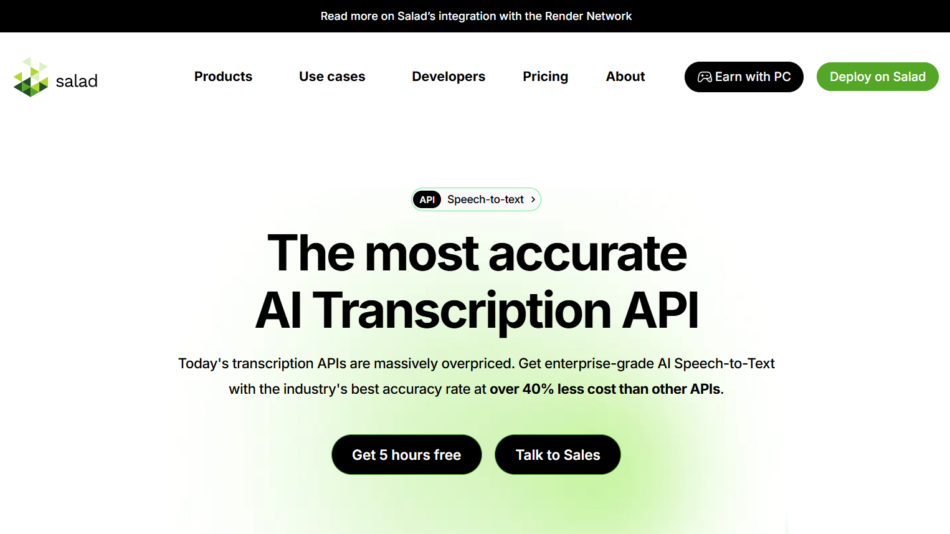 Hero header for Salad: bold headline "The most accurate AI Transcription API" with supporting text and two black rounded CTAs: "Get 5 hours free" and "Talk to Sales"; navigation bar and logo visible above.