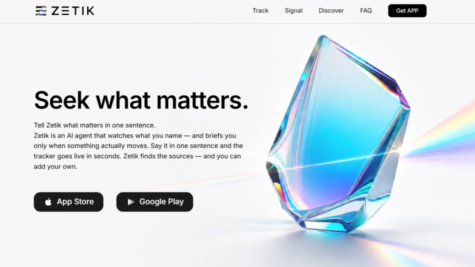 Zetik hero banner: bold 'Seek what matters.' on the left with a crystal prism on the right and App Store/Google Play buttons below the text.