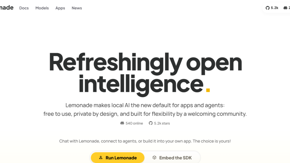 17 - Lemonade homepage hero with logo and top navigation, featuring the bold headline “Refreshingly open intelligence.” and a subtitle below.