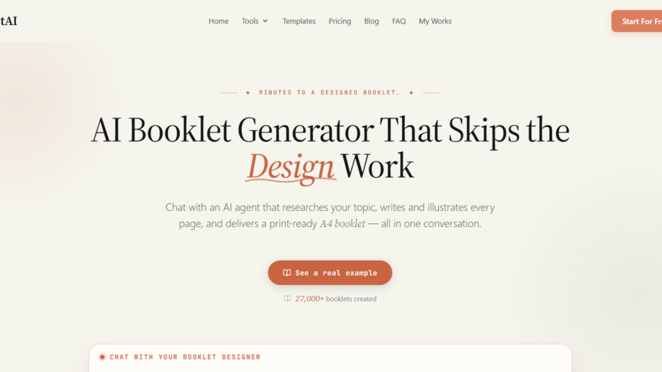Hero banner for BookletAI with the headline 'AI Booklet Generator That Skips the Design Work' and an orange call-to-action button.