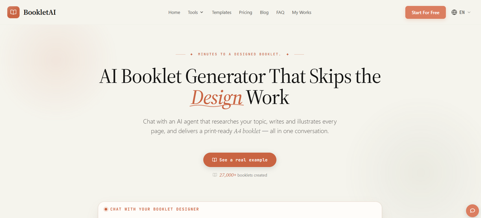 18 - Hero banner for BookletAI with the headline 'AI Booklet Generator That Skips the Design Work' and an orange call-to-action button.
