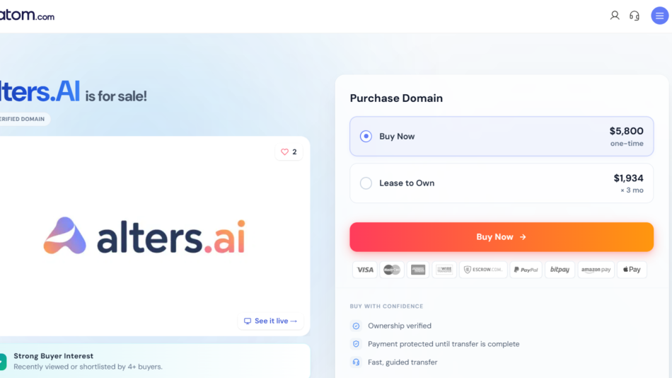 Hero section promoting Alters.AI for sale with a verified domain badge and a purchase panel on the right.