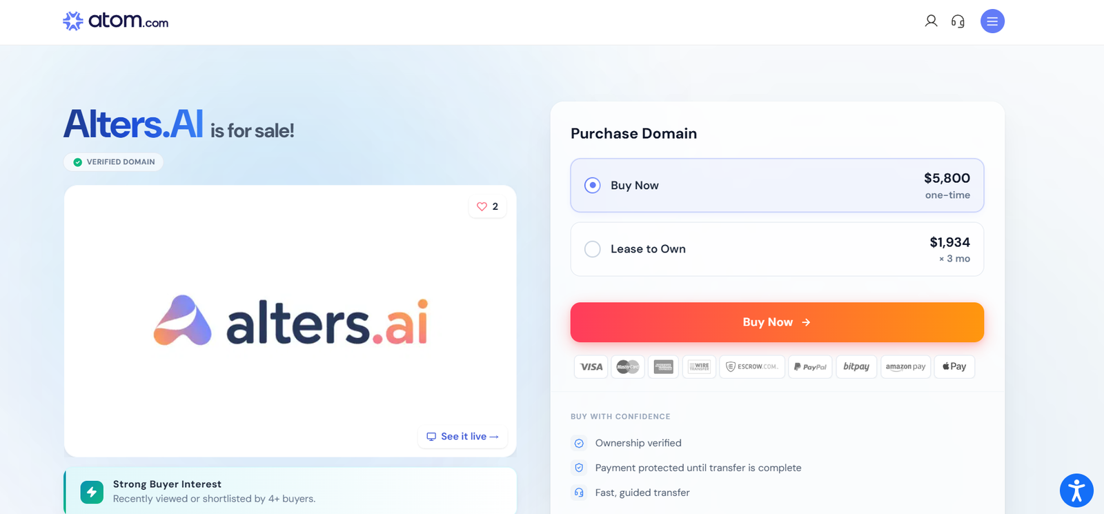 Hero section promoting Alters.AI for sale with a verified domain badge and a purchase panel on the right.