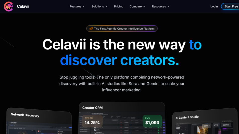 Hero banner for Celavii with dark background, logo and navigation, featuring the headline: 'Celavii is the new way to discover creators.' and a descriptive subheading about influencer marketing.