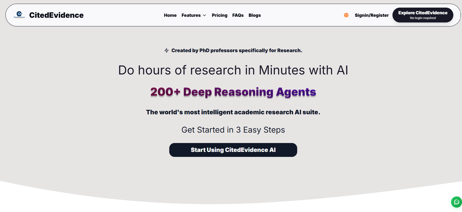 18 - Hero banner advertising an AI research platform: 'Do hours of research in Minutes with AI' and '200+ Deep Reasoning Agents' with a 'Start Using CitedEvidence AI' button.